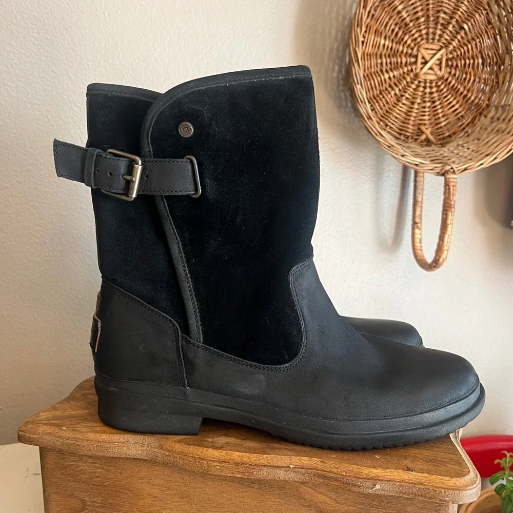 UGG Simmens Black Waterproof Leather Suede Mid Calf Boots 1017932 Womens‎ 8